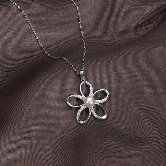 Elegant Flower Pearl Crystal Pendant Necklace for Women | Premium Silver Finish