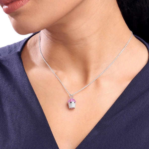 Cute Pink Cupcake Crystal Pendant Necklace for Women | Premium Silver Finish